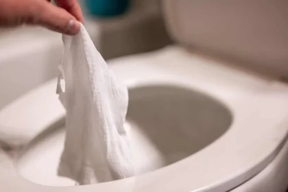 Lenços Umedecidos Descartáveis ​​Sendo Jogados No Vaso Sanitário, Onde Podem Causar Entupimentos E Problemas No Tratamento De Águas Residuais (Imgem: Lost_In_The_Midwest/Shutterstock)