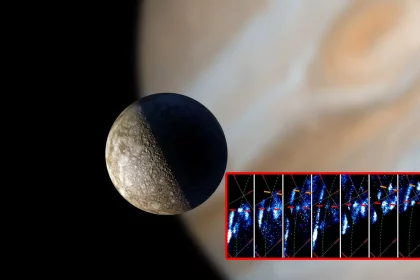 Representação Artística Da Lua Calisto, O Segundo Maior Satélite Natural De Júpiter, Com O Planeta Ao Fundo. Na Inserção, Observações Ultravioletas “Pegada Auroral” De Calisto Pela Sonda Juno, Da Nasa. Créditos: Whitelion61 - Shutterstock (Fundo). Nasa/Jpl-Caltech/Swri/Equipe Uvs/Msss/Gill/Jónsson/Perry/Hue/Rabia (Inserção). Edição: Olhar Digital