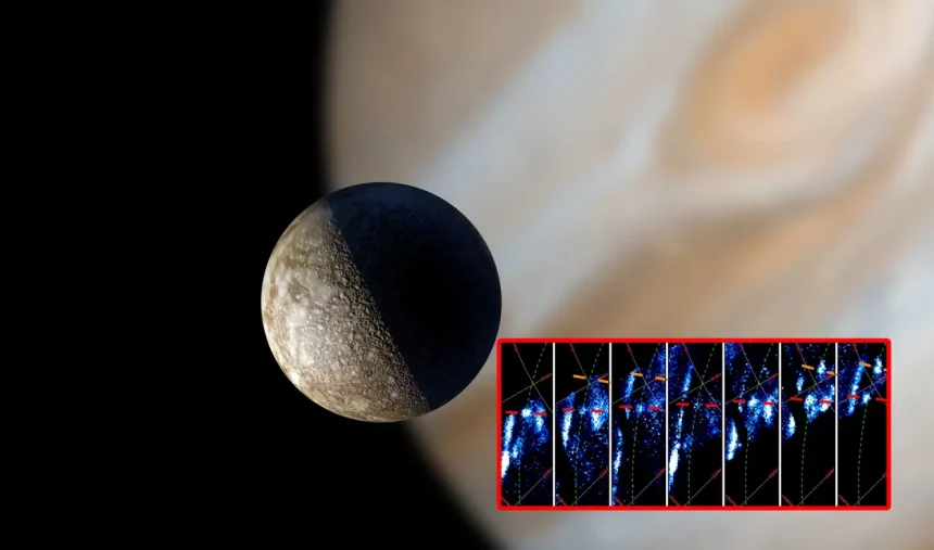 Representação Artística Da Lua Calisto, O Segundo Maior Satélite Natural De Júpiter, Com O Planeta Ao Fundo. Na Inserção, Observações Ultravioletas “Pegada Auroral” De Calisto Pela Sonda Juno, Da Nasa. Créditos: Whitelion61 - Shutterstock (Fundo). Nasa/Jpl-Caltech/Swri/Equipe Uvs/Msss/Gill/Jónsson/Perry/Hue/Rabia (Inserção). Edição: Olhar Digital