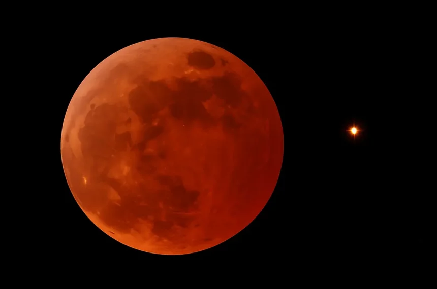 Representação Artística Da &Quot;Lua De Sangue&Quot; Com O Planeta Saturno Brilhando Em Amarelo Ao Lado. Crédito: Imagem Gerada Por Ia/Chatgpt