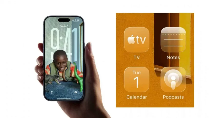 Montagem Com Imagens De Pessoa Segurando Iphone E Ícones De Aplicativos Na Tela Inicial – Todos Com O Visual Do Ios 26 - Imagem: Reprodução/Apple