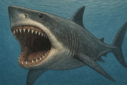 Ilustração Digital De Um Tubarão Megalodonte: Um Dos Maiores Predadores Pré-Históricos (Reprodução: Dall-E/Chatgpt)
