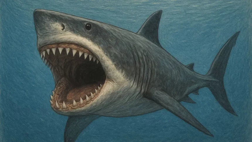 Ilustração Digital De Um Tubarão Megalodonte: Um Dos Maiores Predadores Pré-Históricos (Reprodução: Dall-E/Chatgpt)
