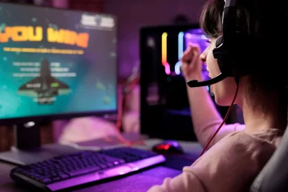 Gamer Comemorando Vitória Em Jogo Online De Naves, Animada Em Apartamento Com Luzes Rgb / Crédito: Dc Studio (Shutterstock)