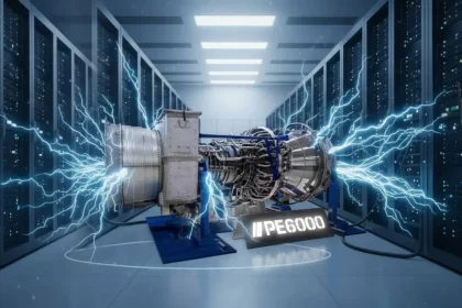 A Proenergy Transforma Núcleos De Motores De Aeronaves, Como O Cf6-80C2 Do Boeing 747, Em Turbinas Pe6000 Capazes De Gerar Energia Para Data Centers. Montagem: Layse Ventura Via Gemini / Olhar Digital