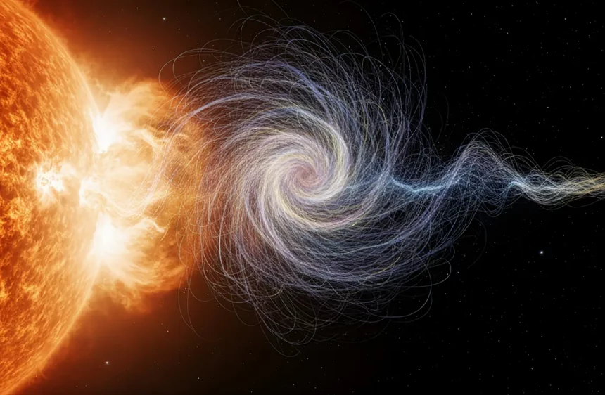 Representação Artística De Vórtices Magnéticos Descobertos Entre A Terra E O Sol, Que Se Interagem Com O Escudo Magnético Natural Do Planeta, Desencadeiam Uma Perigosa Atividade Geomagnética Que Pode Desligar As Redes Elétricas. Crédito: Imagem Meramente Ilustrativa Gerada Por Ia/Gemini