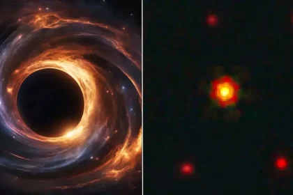 (Esquerda): Ilustração De Um Buraco Negro Supermassivo Em Processo De Alimentação. (Direita): Os &Quot;Pontos Vermelhos&Quot; Identificados Na Região Do Céu Ao Redor Do Quasar J1030. Bird É O Objeto No Centro: Ele Se Destaca Dos Outros Pontos Vermelhos Por Estar Mais Próximo E, Portanto, Ser Mais Brilhante (Crédito Da Imagem: F. Loiacono, Nasa, Esa, Csa).