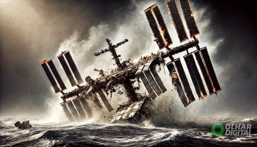 Representação Artística Elaborada Com Inteligência Artificial Mostra A Estação Espacial Internacional (Iss) Caindo No Oceano Pacífico. Crédito: Flavia Correia Via Dall-E/Olhar Digital